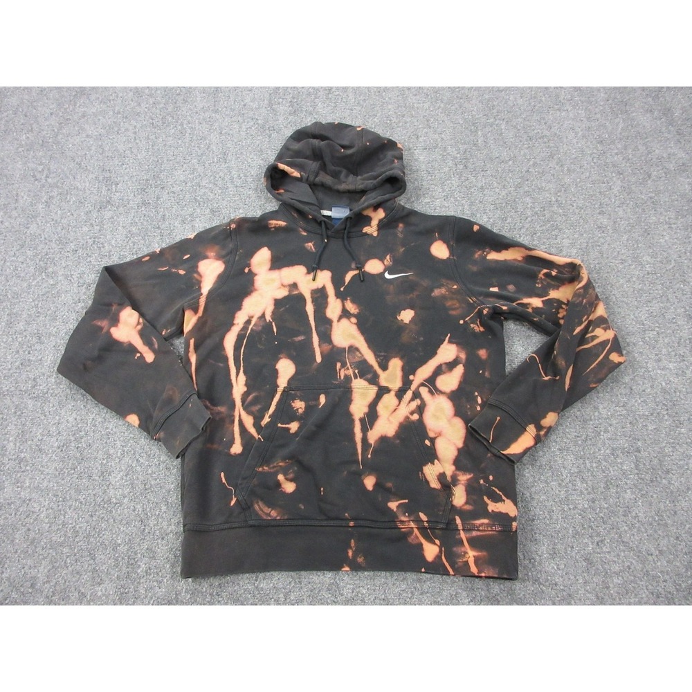 Nike Hoodie Mens Large Black Bleach Dye Fleece Pullover Sweatshirt Swoosh Logo